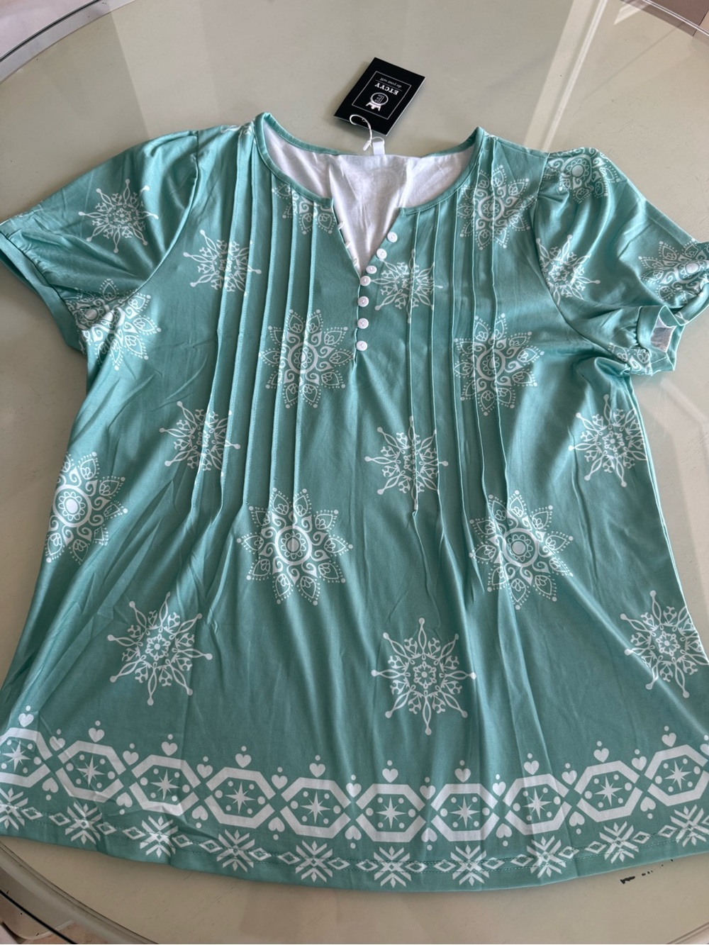 Short-Sleeve Mint Green Printed Pleat-Front Top